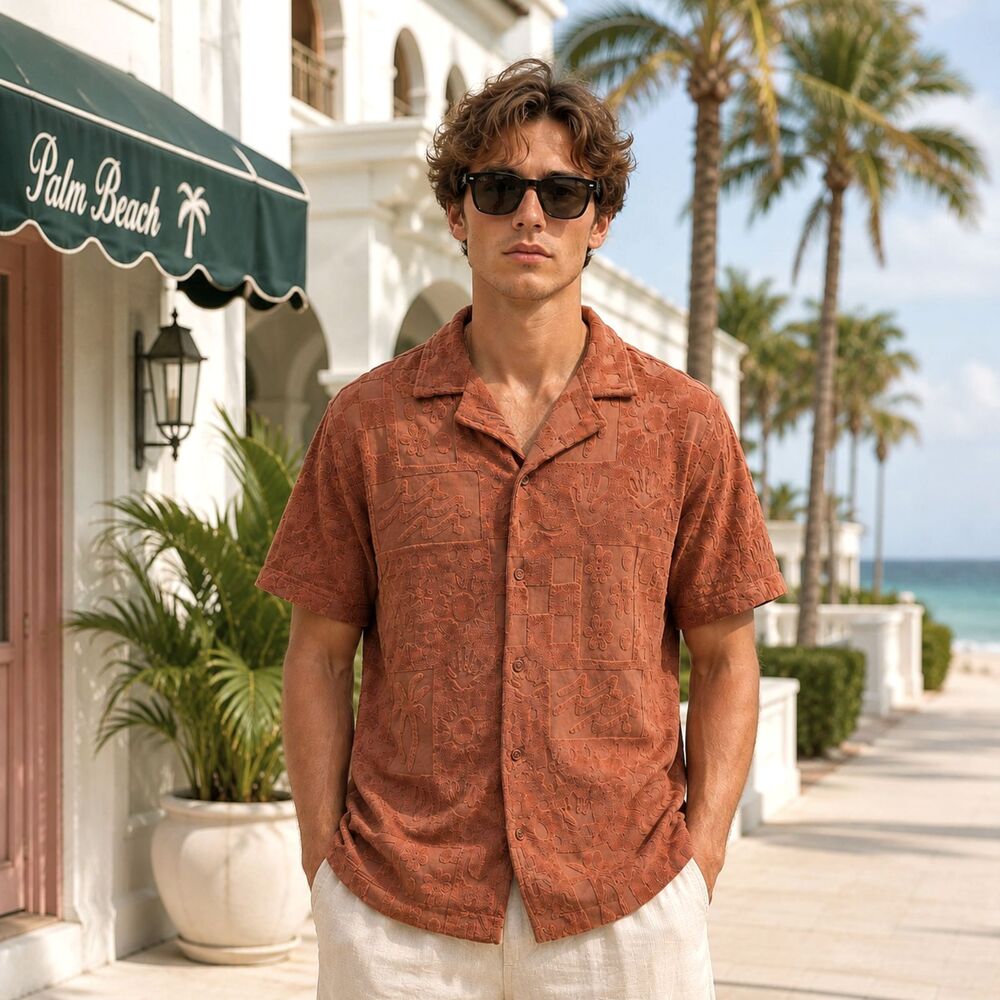 Negative Space Orange Terrycloth Hawaiian Shirt Men’s L Retro Palm Beach NWT